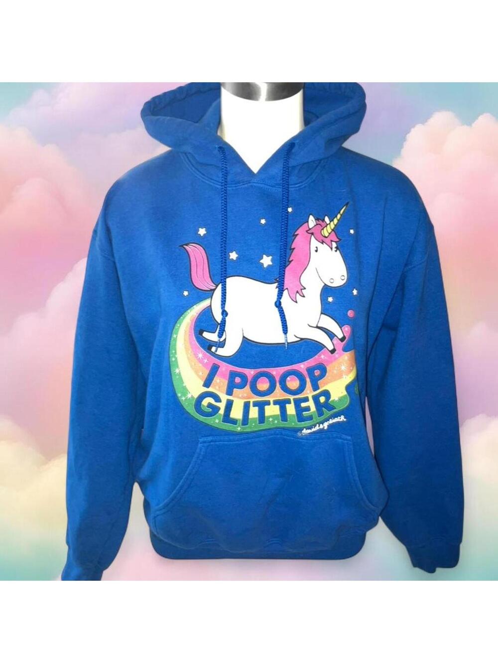 Stupid HTF David and Goliath blue unicorn 'I Poop Glitter' hoodie